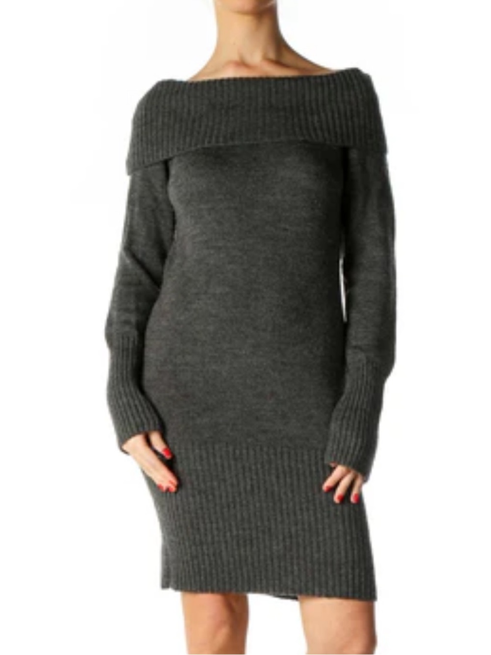 BCBG Off Shoulder Wool Charcoal Knit Sweater Dress